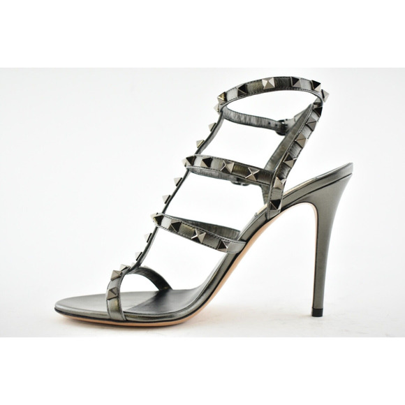 Valentino Rockstud 105 Grey Leather Stud Caged Ankle Strap Sandal Heel Pump 40.5 - Picture 8 of 11